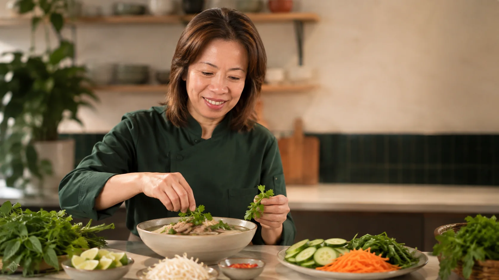 A chef finishing a bowl of pho with fresh herbs